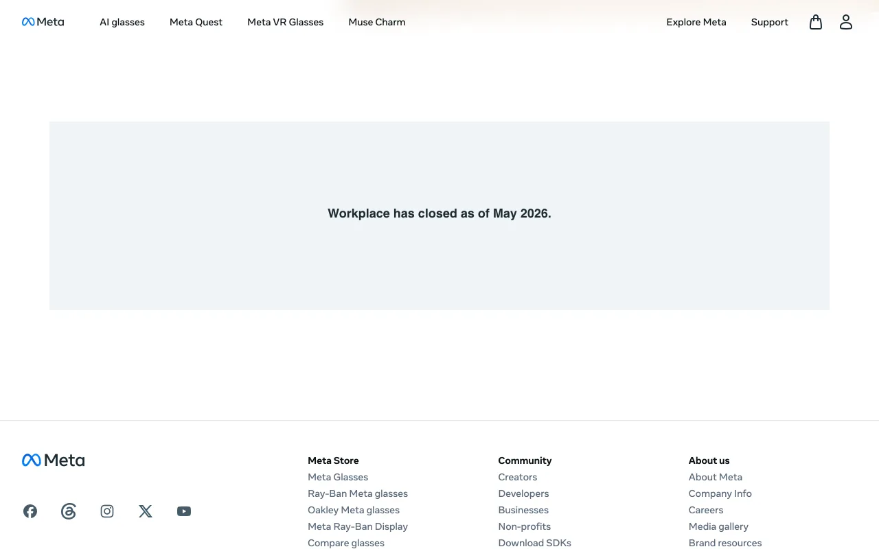 Page officielle de Meta indiquant la fermeture de Workplace en mai 2026, capture du 19 octobre 2026