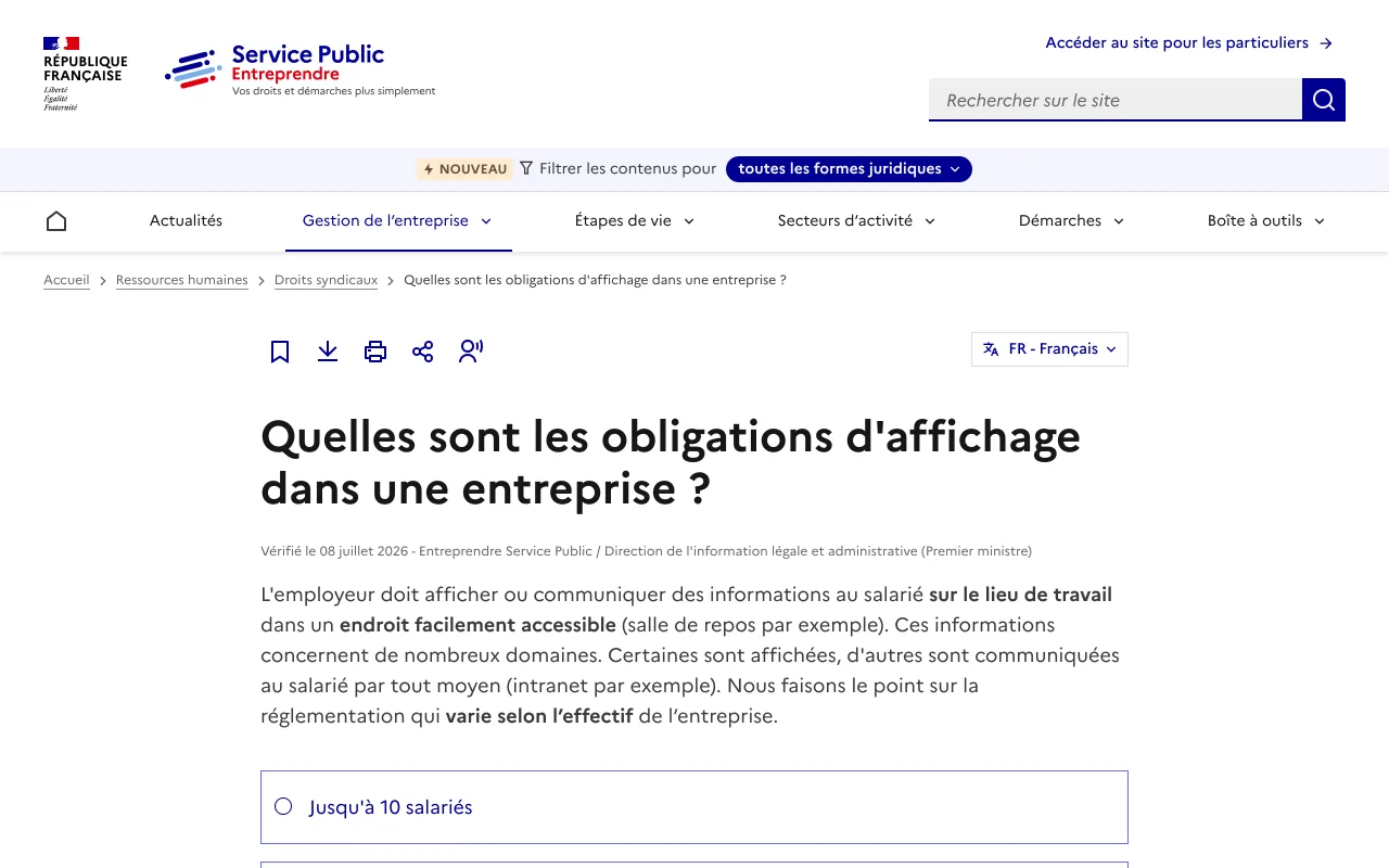 Fiche Service Public Entreprendre « Quelles sont les obligations d’affichage dans une entreprise ? », vérifiée le 8 juillet 2026, consultée le 19 octobre 2026