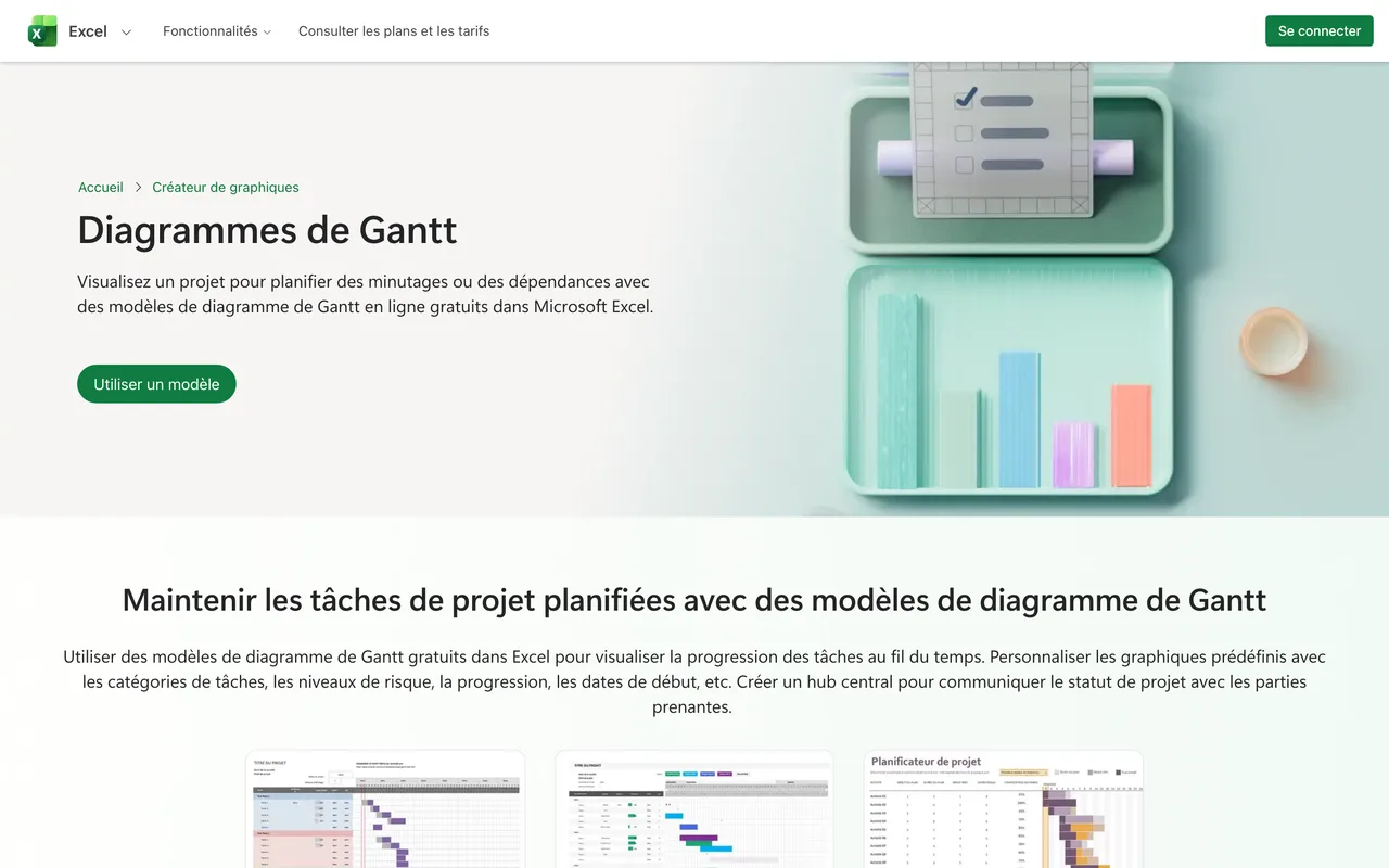 Page Microsoft présentant des modèles de diagramme de Gantt gratuits pour Excel, capture du 19/10/2026