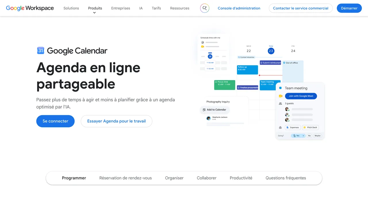 Page de présentation de Google Agenda dans Google Workspace, agenda en ligne partageable, capture du 19/10/2026