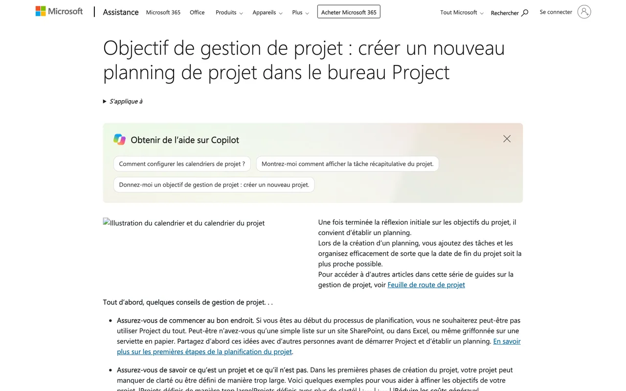 Page d’aide Microsoft sur la création d’un nouveau planning de projet dans Project, qui inclut la configuration des calendriers de projet, capture du 19/10/2026
