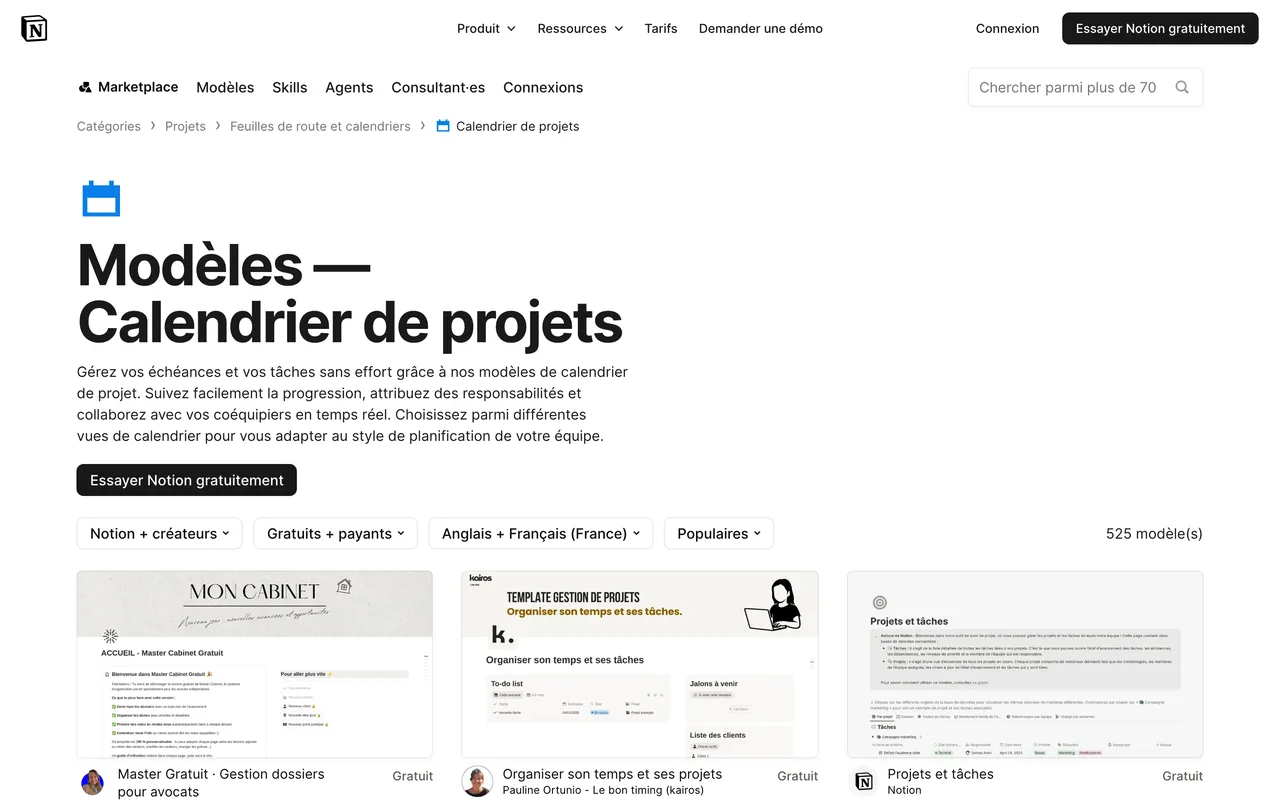 Catégorie Calendrier de projets de la place de marché de modèles Notion, avec des modèles gratuits, capture du 19/10/2026