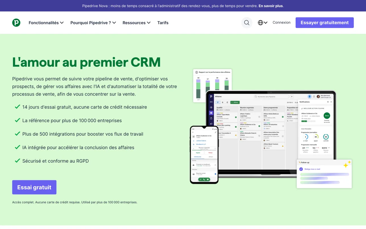 Page d’accueil de Pipedrive en français, CRM centré sur le pipeline de ventes, capture du 19/10/2026