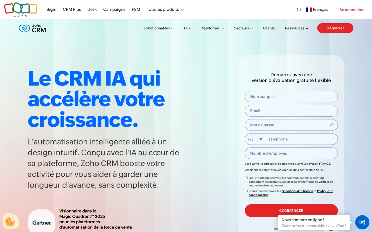 Page d’accueil de Zoho CRM en français, capture du 19/10/2026