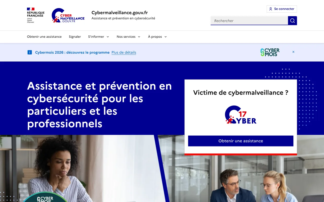Page d'accueil de Cybermalveillance.gouv.fr, plateforme publique d'assistance aux victimes, capture du 19/10/2026