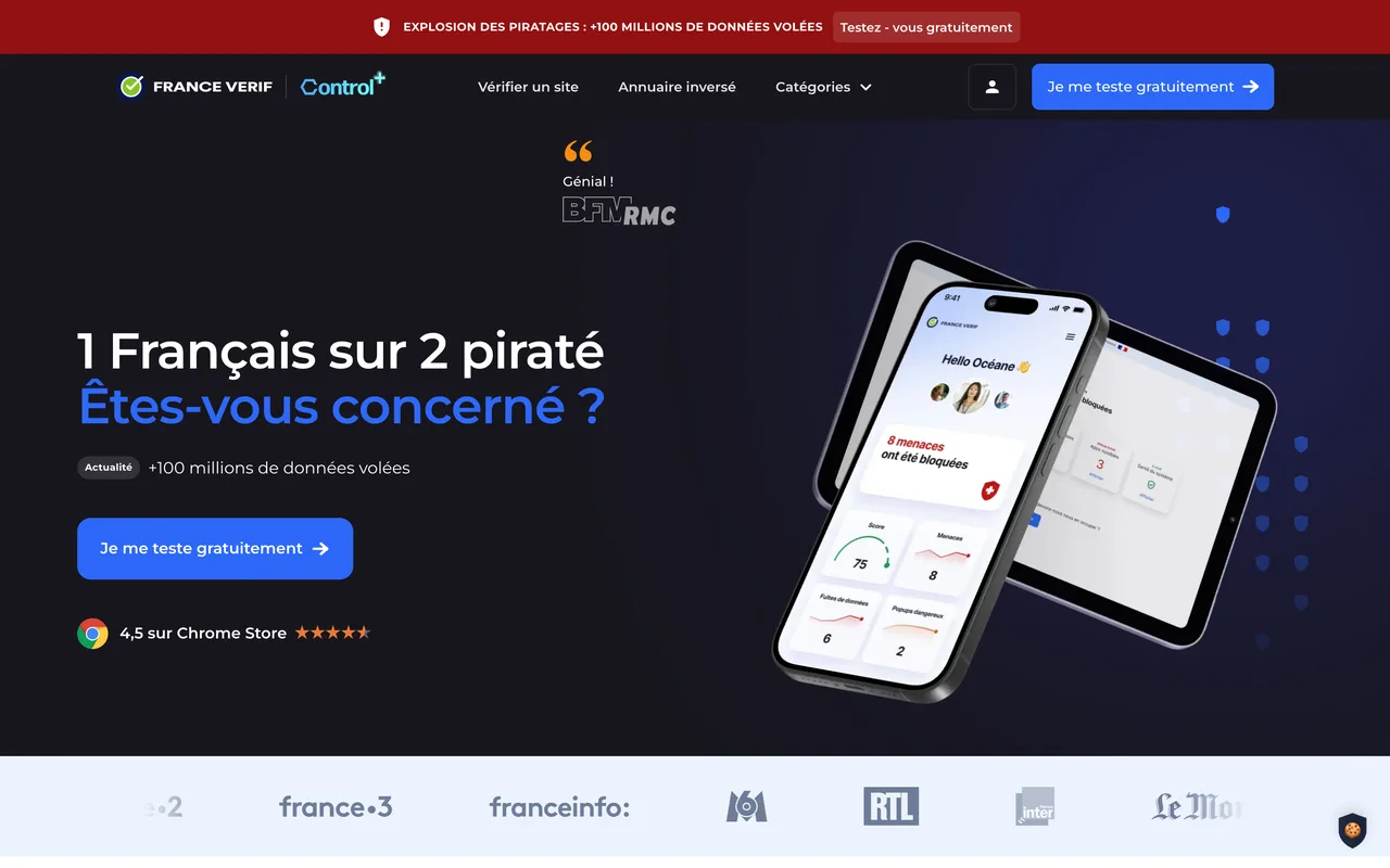 Page d'accueil de France Verif proposant de vérifier un site gratuitement, capture du 19/10/2026
