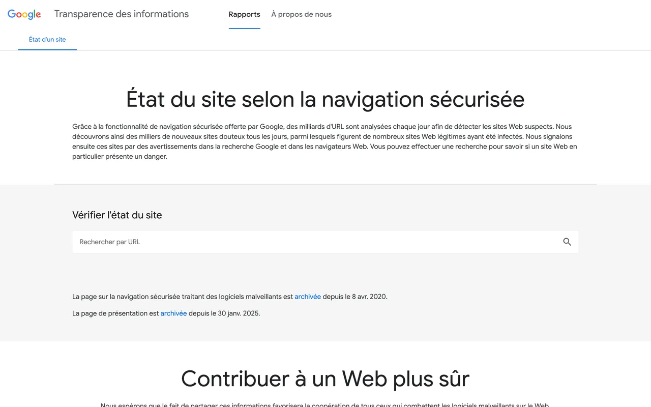 Page de vérification de l'état d'un site dans Google Safe Browsing, capture du 19/10/2026