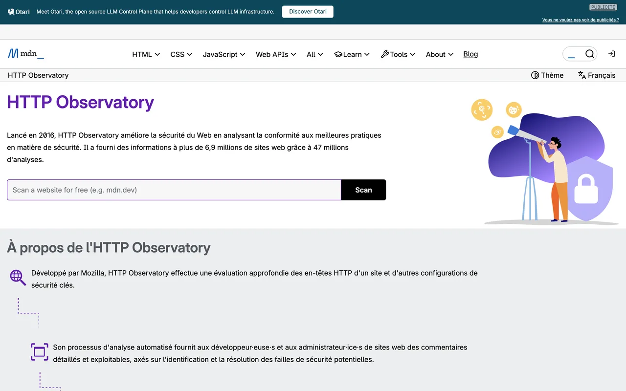Outil HTTP Observatory de Mozilla sur MDN pour analyser les en-têtes de sécurité d'un site, capture du 19/10/2026