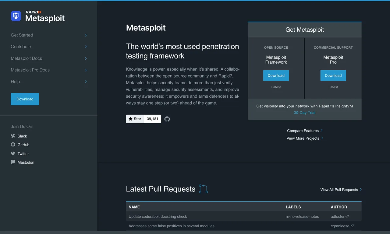 Page d'accueil de Metasploit, cadre de test d'intrusion, capture du 19/10/2026