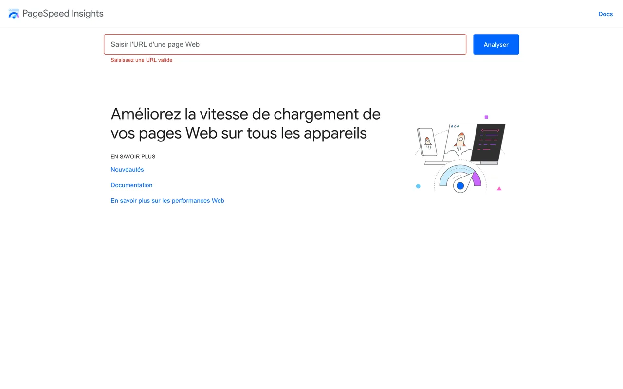 Page d'accueil de PageSpeed Insights de Google pour tester la vitesse d'un site, capture du 19/10/2026