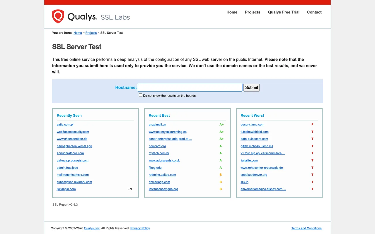 Formulaire du SSL Server Test de Qualys SSL Labs, capture du 19/10/2026