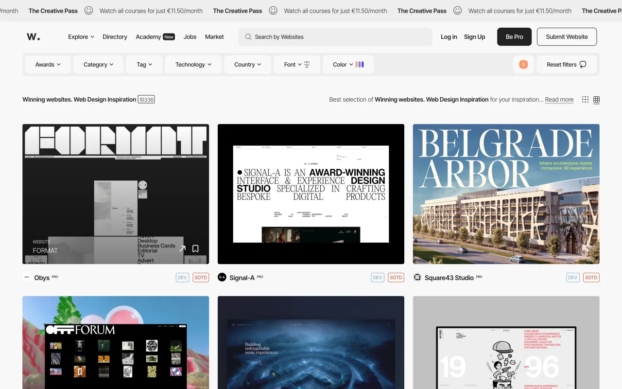 Page des sites primés d’Awwwards avec ses filtres par récompense, catégorie, technologie, pays, police et couleur, capture du 19 octobre 2026