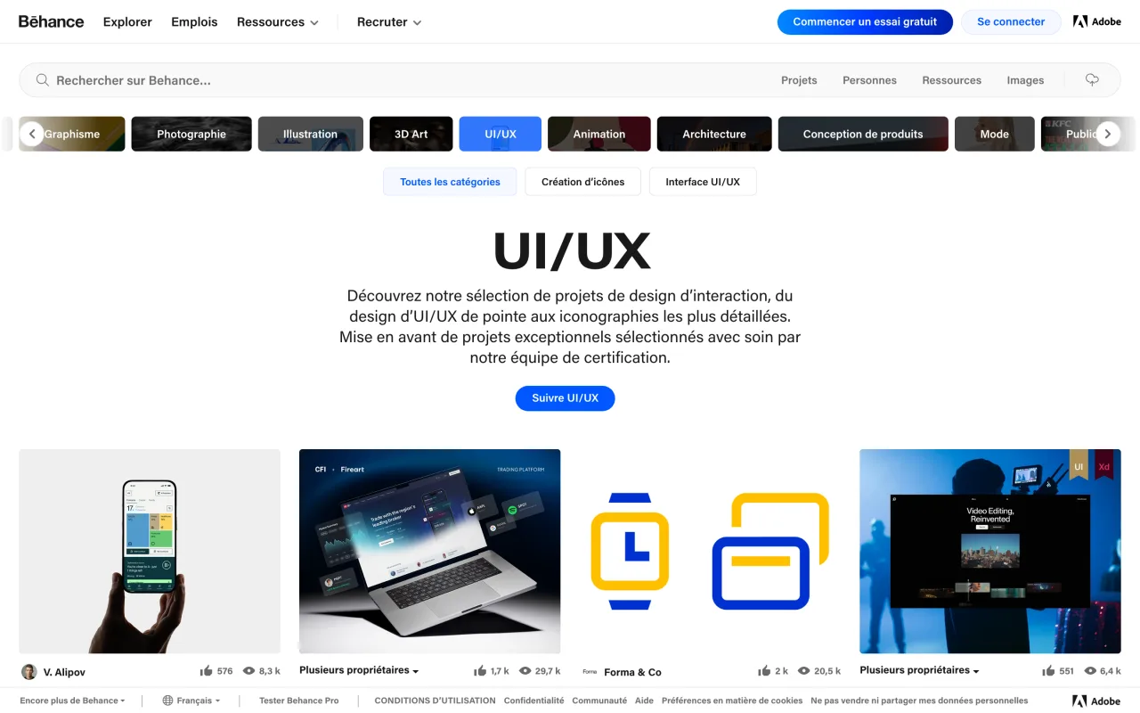 Galerie UI/UX de Behance avec la sélection de projets de design d’interaction, capture du 19 octobre 2026