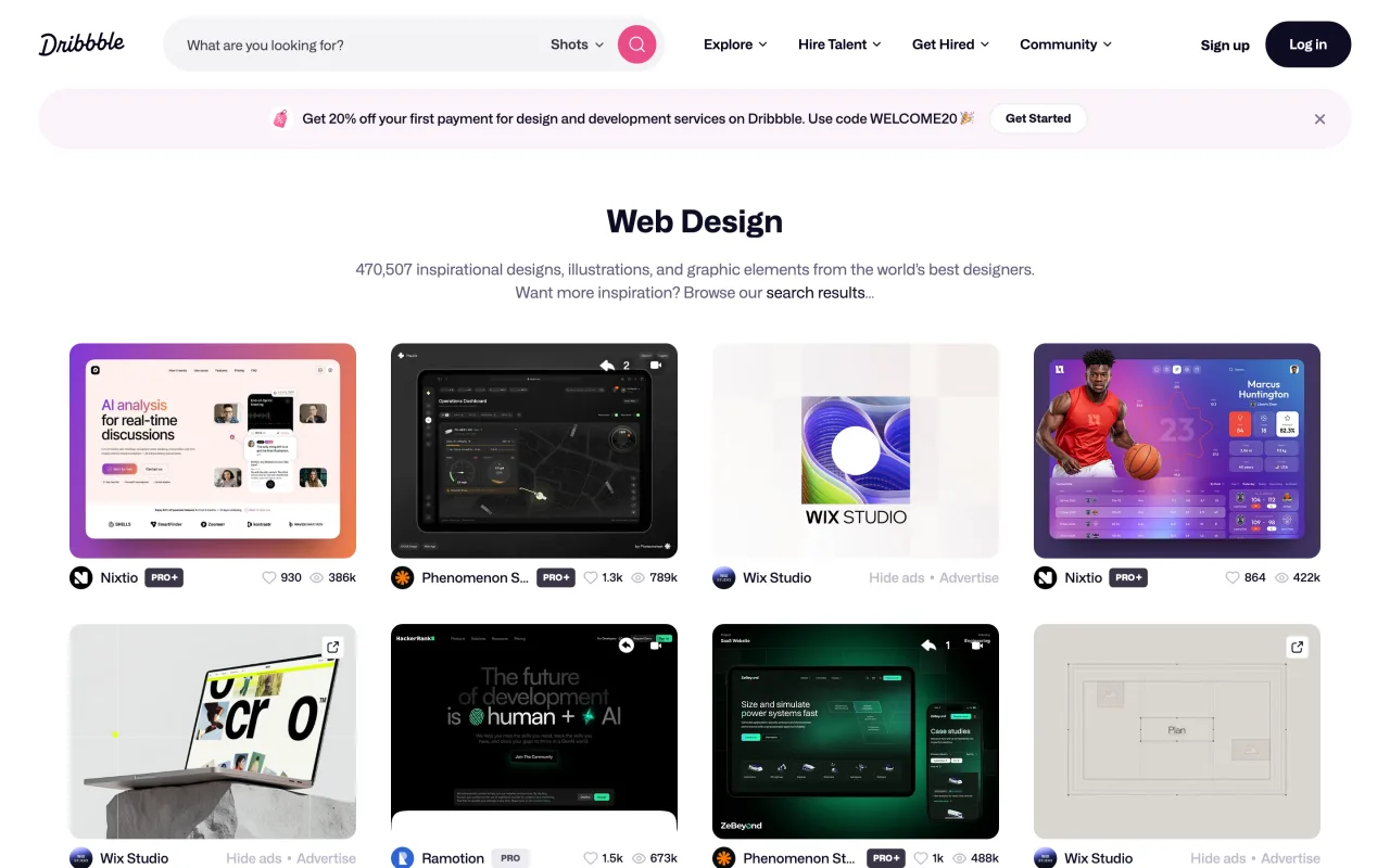 Page du tag Web Design sur Dribbble avec 470 507 créations, capture du 19 octobre 2026