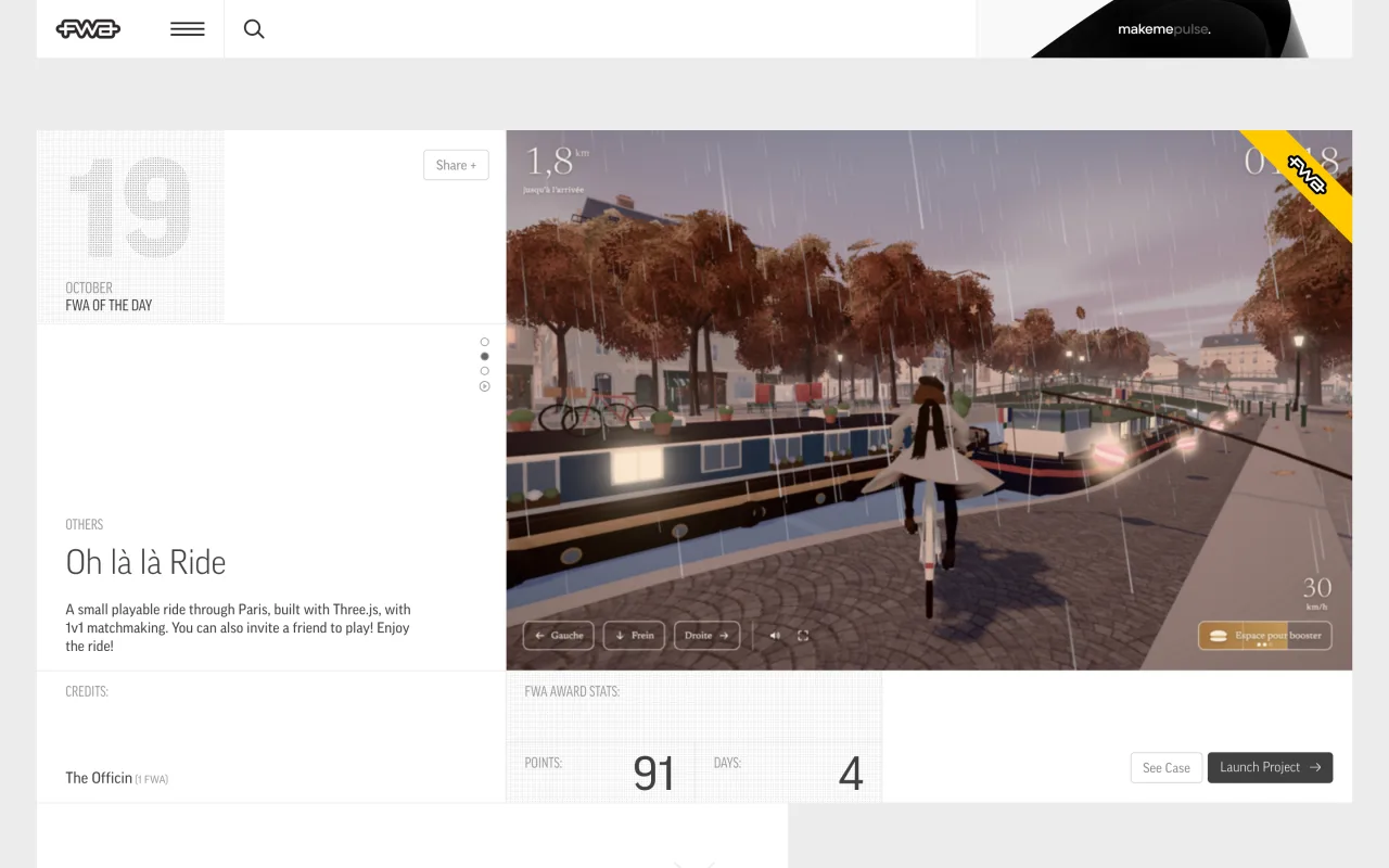 Page d’accueil de The FWA avec le site récompensé du jour et son score de jury, capture du 19 octobre 2026