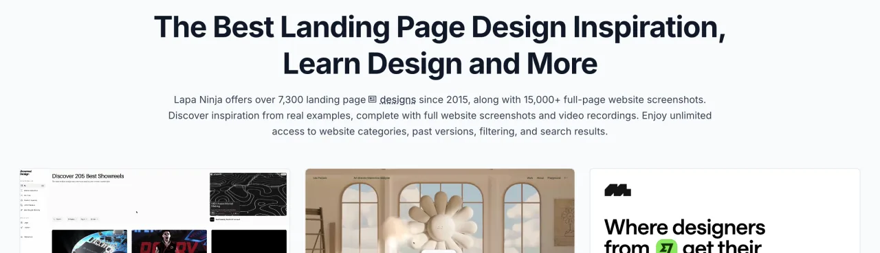 Page d’accueil de Lapa Ninja indiquant plus de 7 300 landing pages depuis 2015, capture du 19 octobre 2026