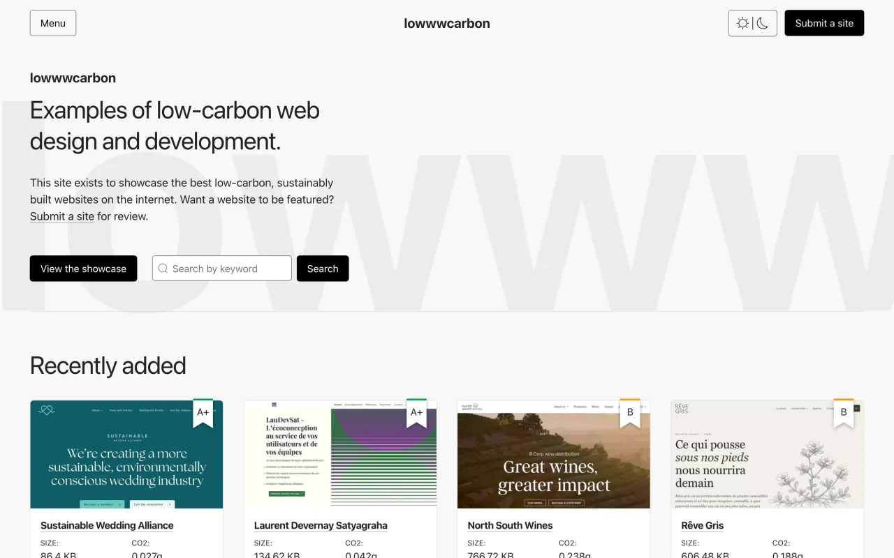 Page d’accueil de Lowwwcarbon avec le poids et l’estimation de CO2 de chaque site présenté, capture du 19 octobre 2026