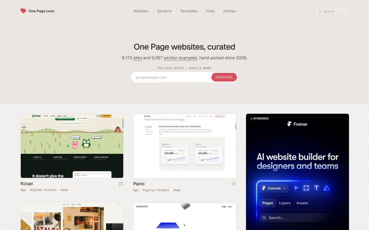 Page d’accueil de One Page Love avec 9 173 sites et 9 367 exemples de sections, capture du 19 octobre 2026