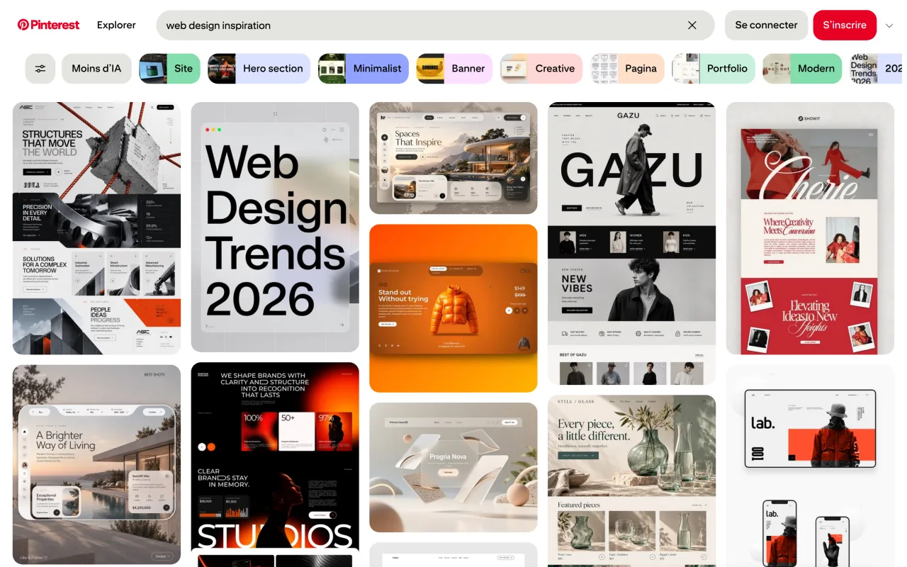 Résultats de recherche web design inspiration sur Pinterest avec les filtres de suggestion, capture du 19 octobre 2026