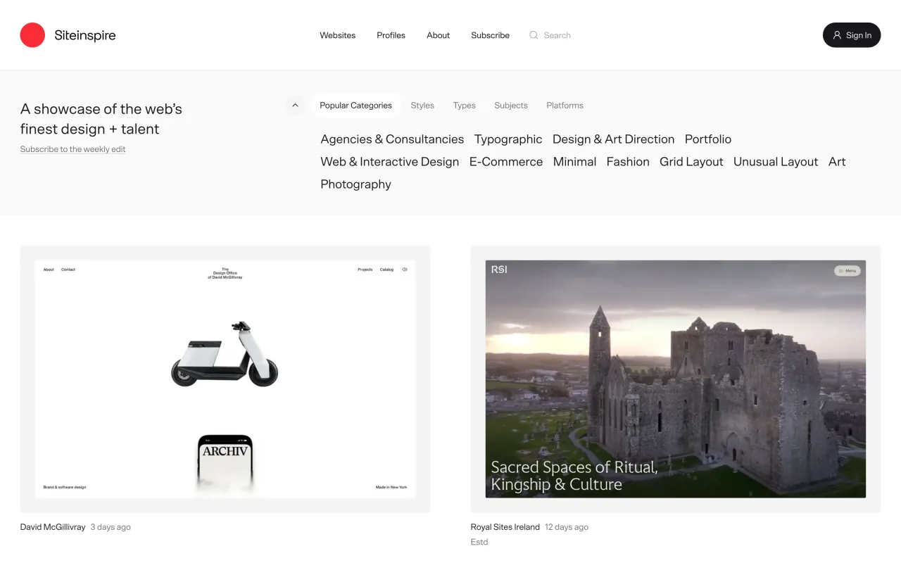 Page d’accueil de siteInspire avec ses catégories populaires et les derniers sites ajoutés, capture du 19 octobre 2026