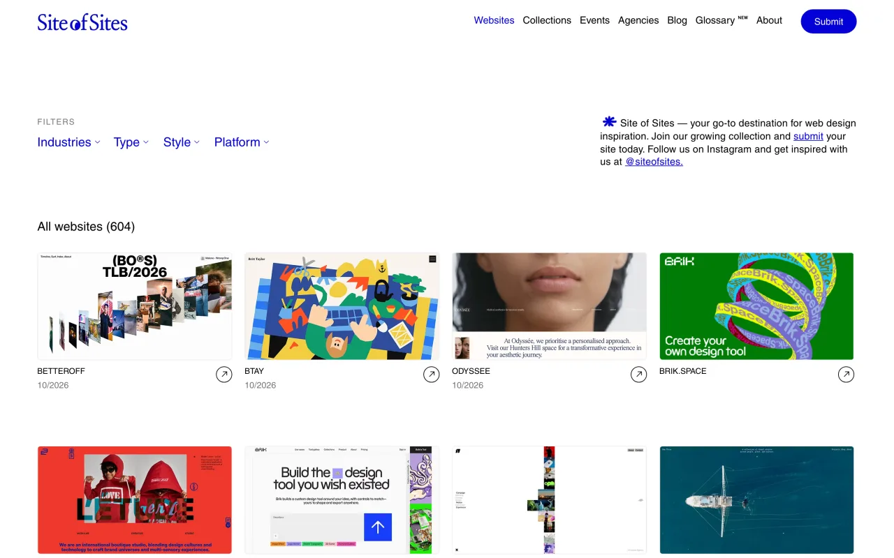 Page d’accueil de Site of Sites avec ses filtres et les sites ajoutés en octobre 2026, capture du 19 octobre 2026