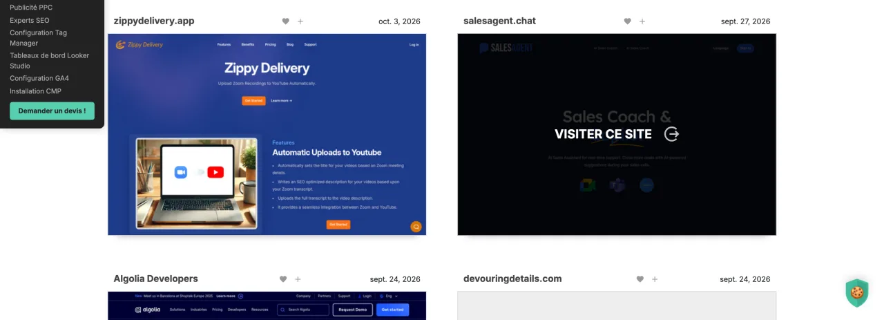 Derniers sites publiés sur Webdesign Inspiration avec leur date de publication, capture du 19 octobre 2026