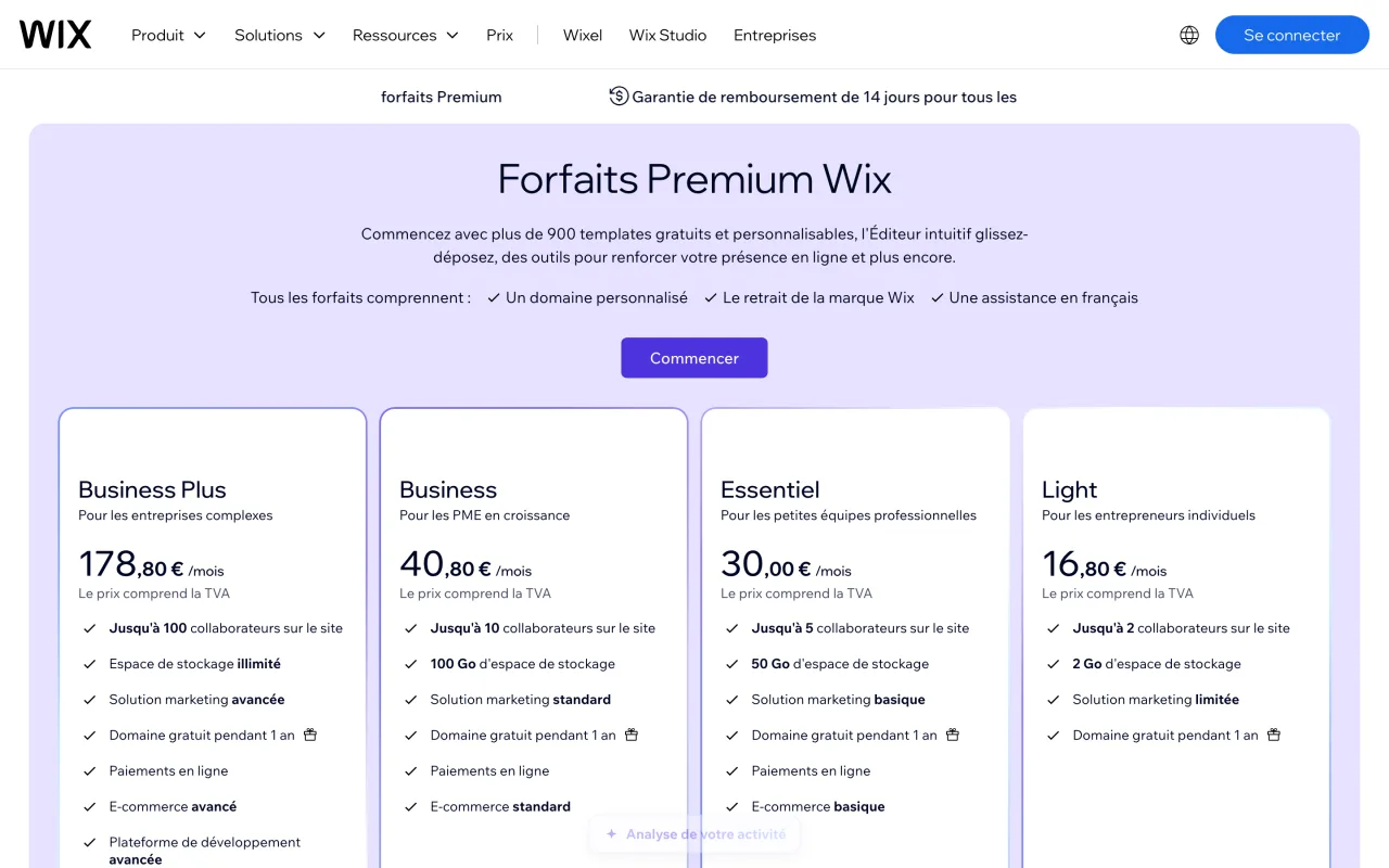 Page des forfaits Premium Wix avec les prix mensuels TTC et la mention domaine personnalisé et retrait de la marque Wix, capture du 19 octobre 2026