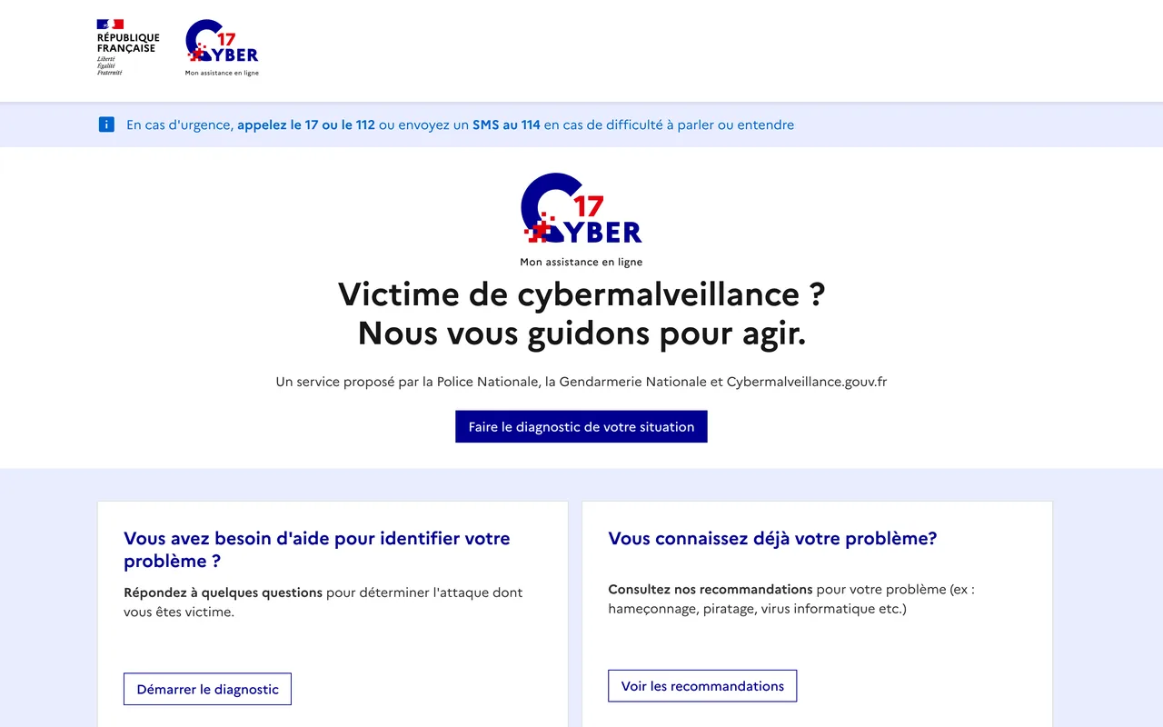 Page d’accueil de 17Cyber, service d’assistance en ligne aux victimes de cybermalveillance