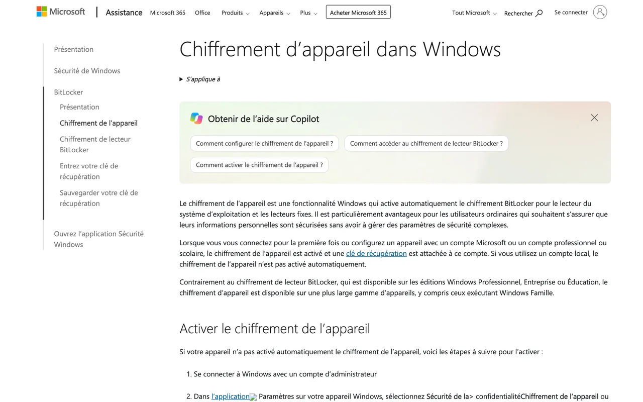Page d’assistance Microsoft sur le chiffrement d’appareil BitLocker dans Windows