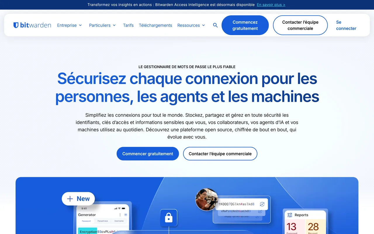 Page d’accueil française de Bitwarden, gestionnaire de mots de passe pour les entreprises