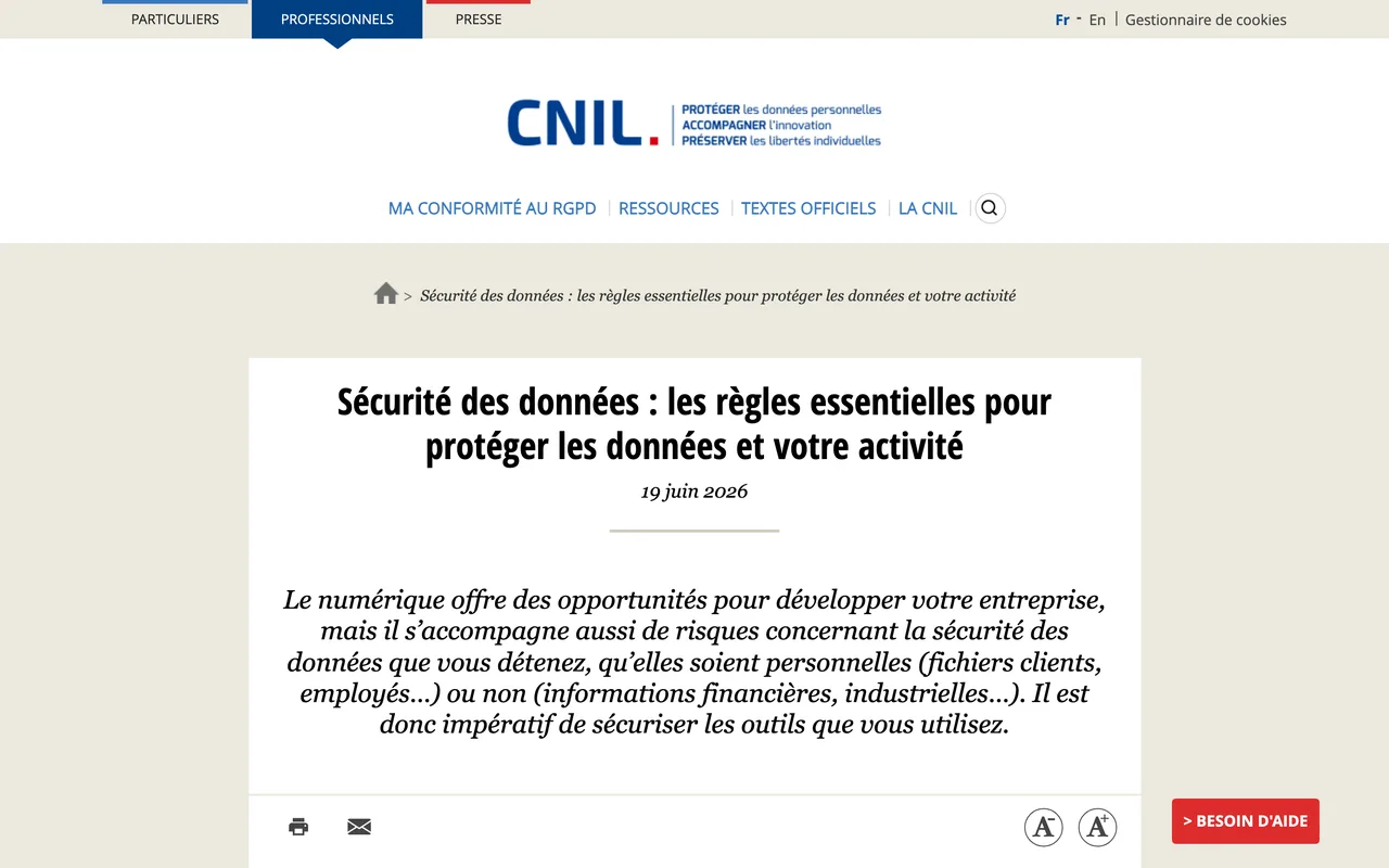 Fiche de la CNIL du 19 juin 2026 : sécurité des données, les règles essentielles pour protéger les données et votre activité