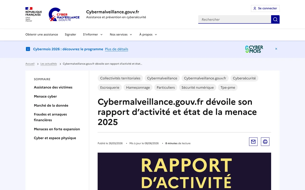 Page de Cybermalveillance.gouv.fr présentant son rapport d’activité et état de la menace 2025