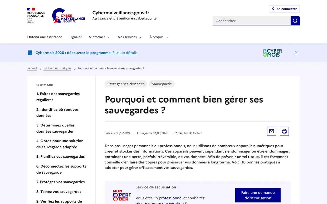 Guide de Cybermalveillance.gouv.fr : pourquoi et comment bien gérer ses sauvegardes, 10 bonnes pratiques