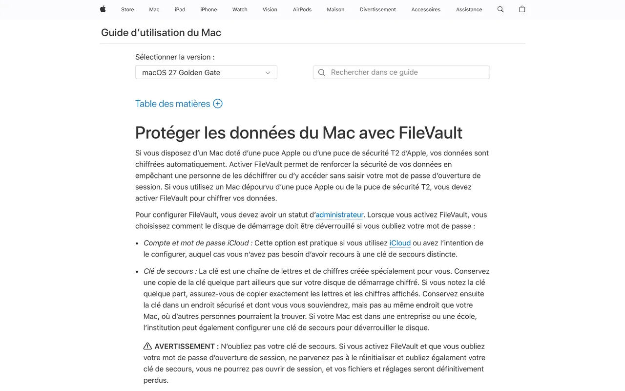 Guide d’utilisation du Mac d’Apple : protéger les données du Mac avec FileVault