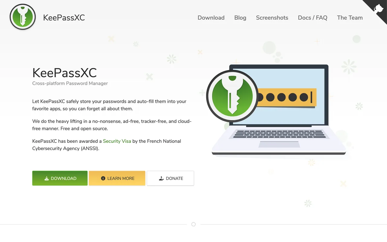 Page d’accueil de KeePassXC, gestionnaire de mots de passe open source mentionnant son visa de sécurité ANSSI