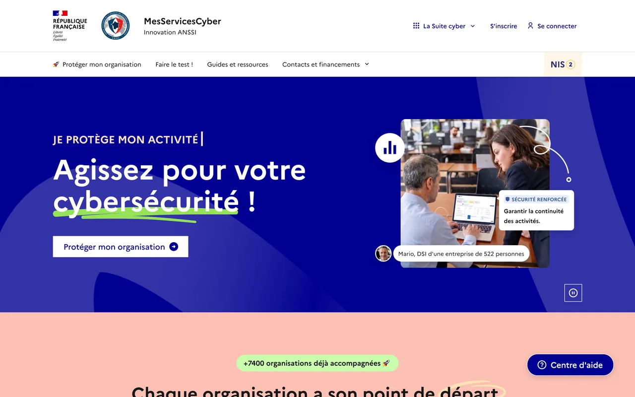 Page d’accueil de MesServicesCyber, plateforme de l’ANSSI pour protéger son organisation