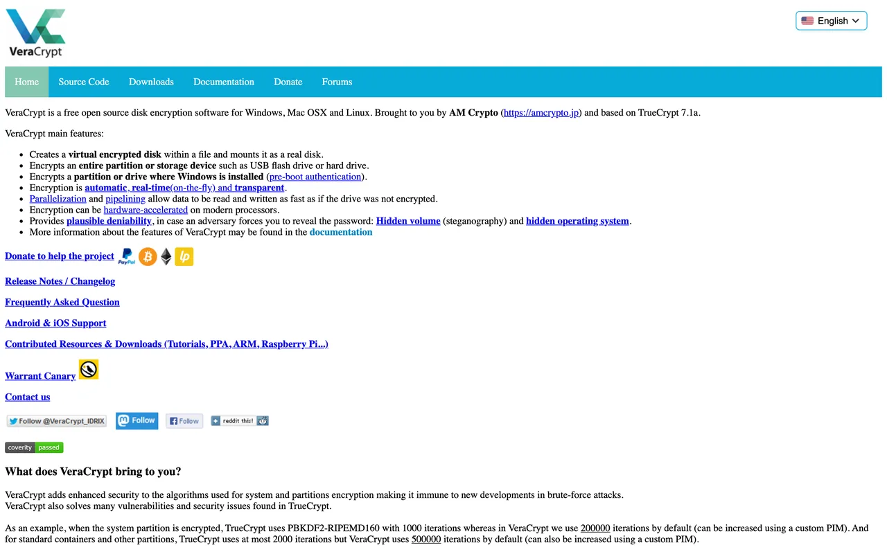 Site officiel de VeraCrypt, logiciel libre de chiffrement de disques et de conteneurs