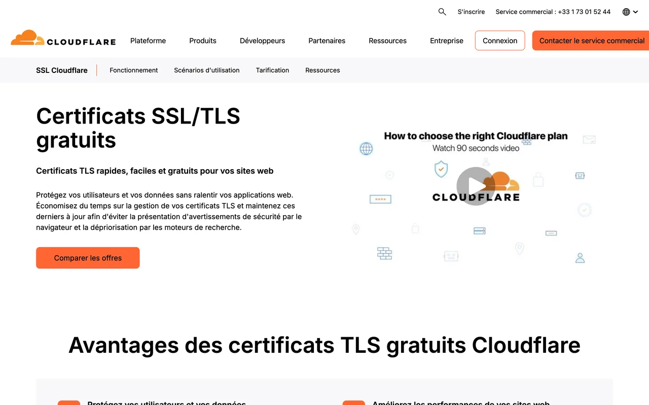 Page Cloudflare présentant ses certificats SSL/TLS gratuits, capture du 19/10/2026