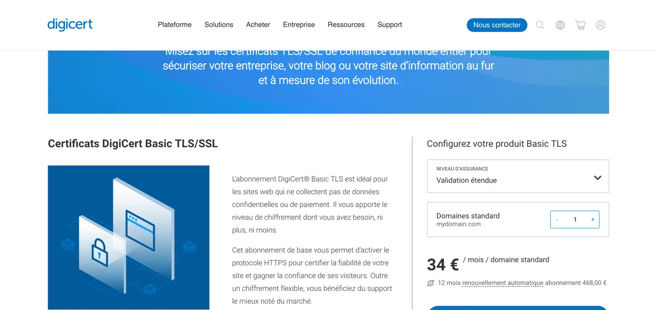 Configurateur DigiCert Basic TLS affichant un abonnement de 12 mois à 468 euros en validation étendue, capture du 19/10/2026