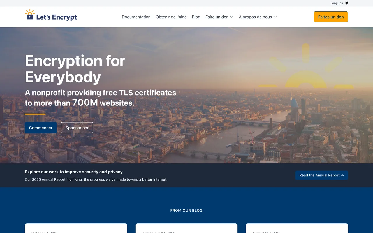 Page d'accueil de Let's Encrypt, autorité de certification gratuite, capture du 19/10/2026