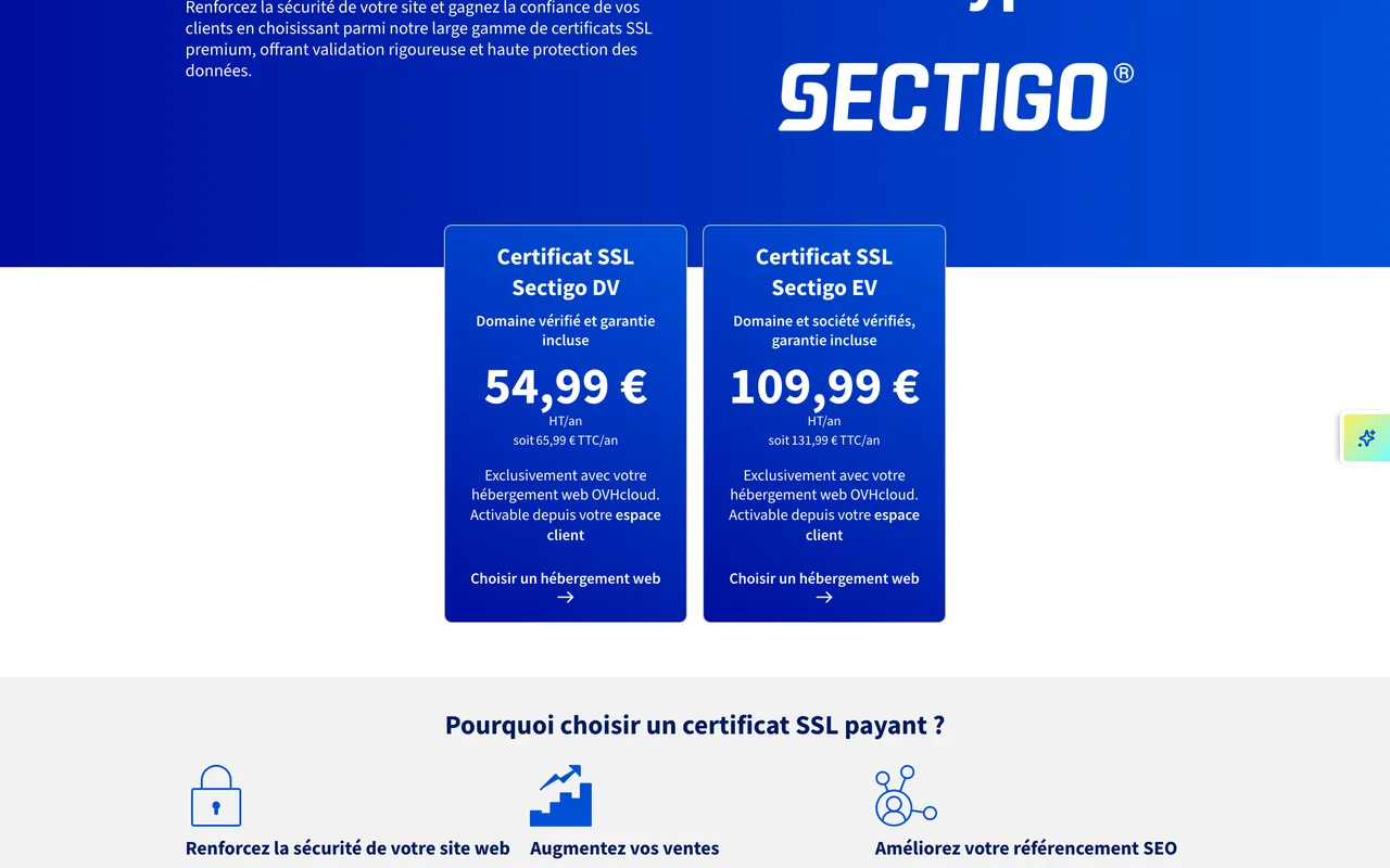 Tarifs des certificats SSL Sectigo DV à 54,99 euros HT par an et EV à 109,99 euros HT par an chez OVHcloud, capture du 19/10/2026