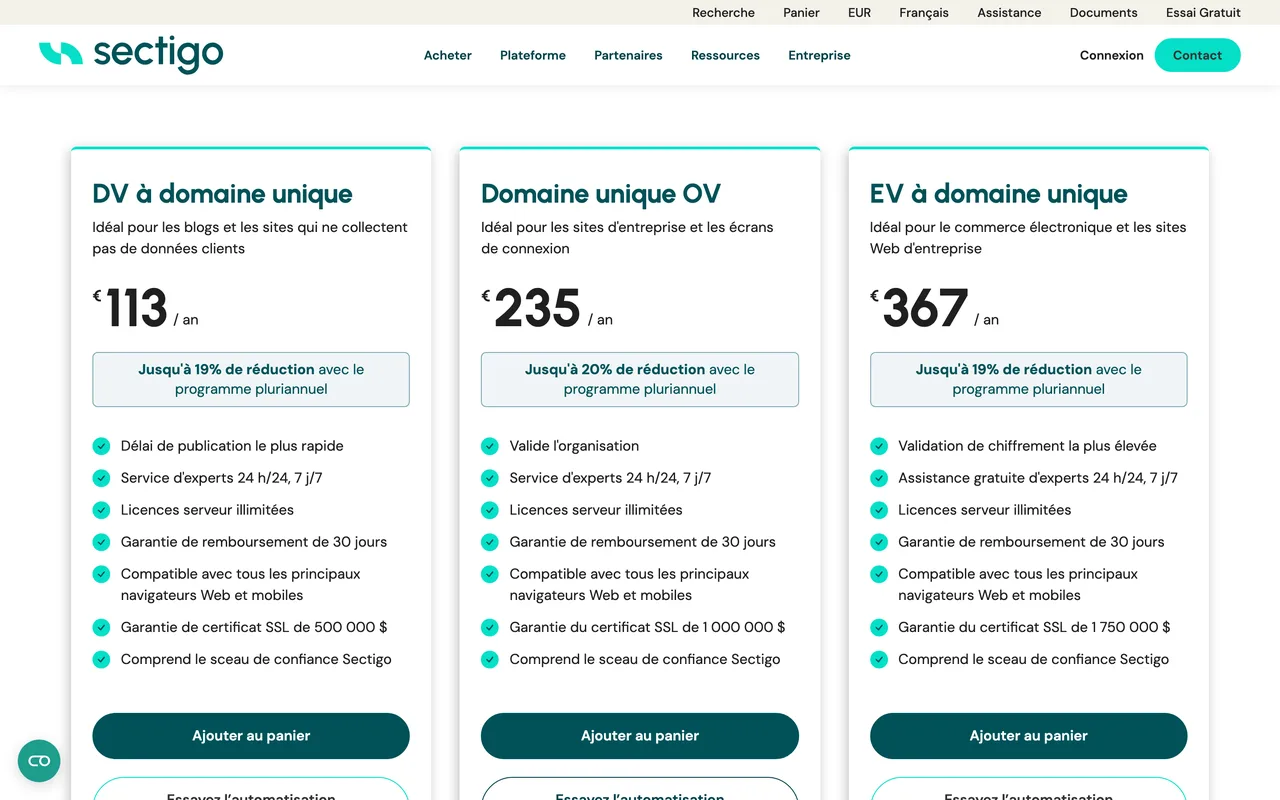 Prix des certificats Sectigo à domaine unique : DV 113 euros, OV 235 euros et EV 367 euros par an, capture du 19/10/2026