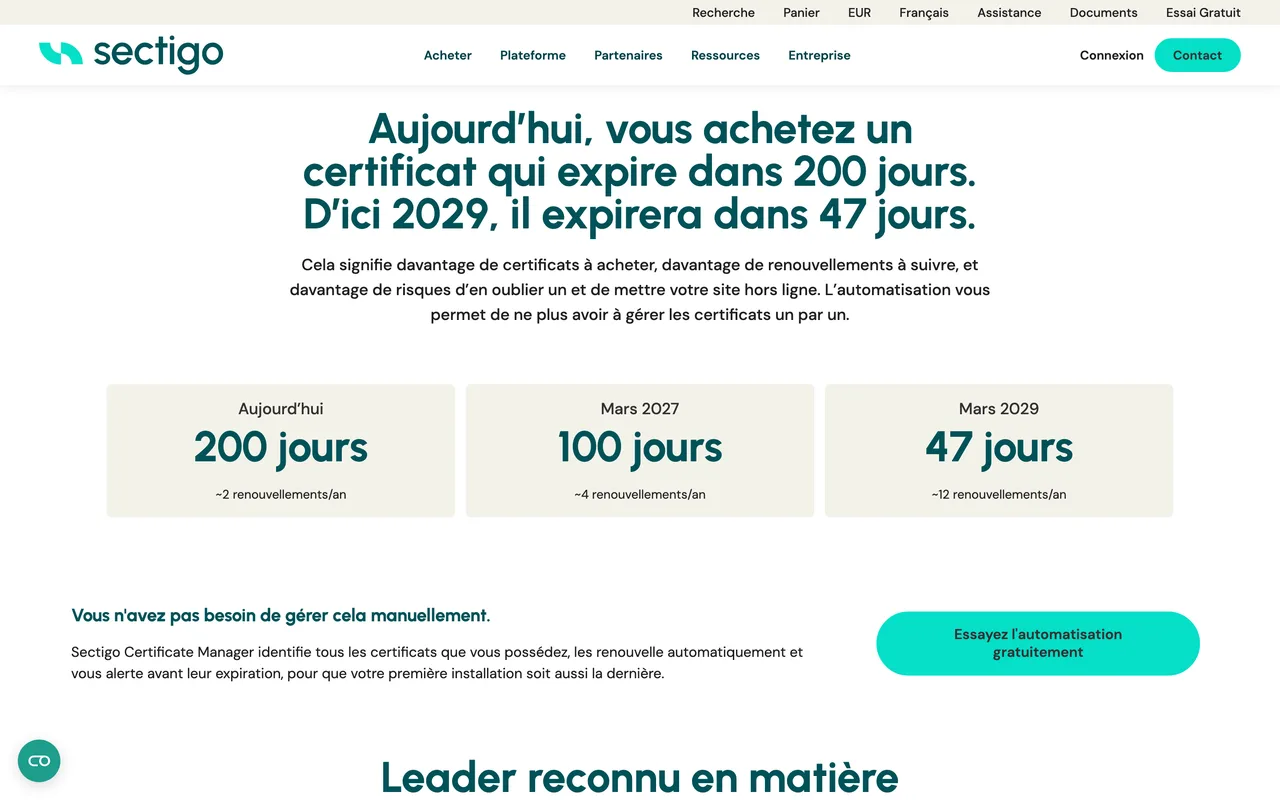Page Sectigo présentant la réduction de durée des certificats : 200 jours aujourd'hui, 100 jours en mars 2027, 47 jours en mars 2029, capture du 19/10/2026