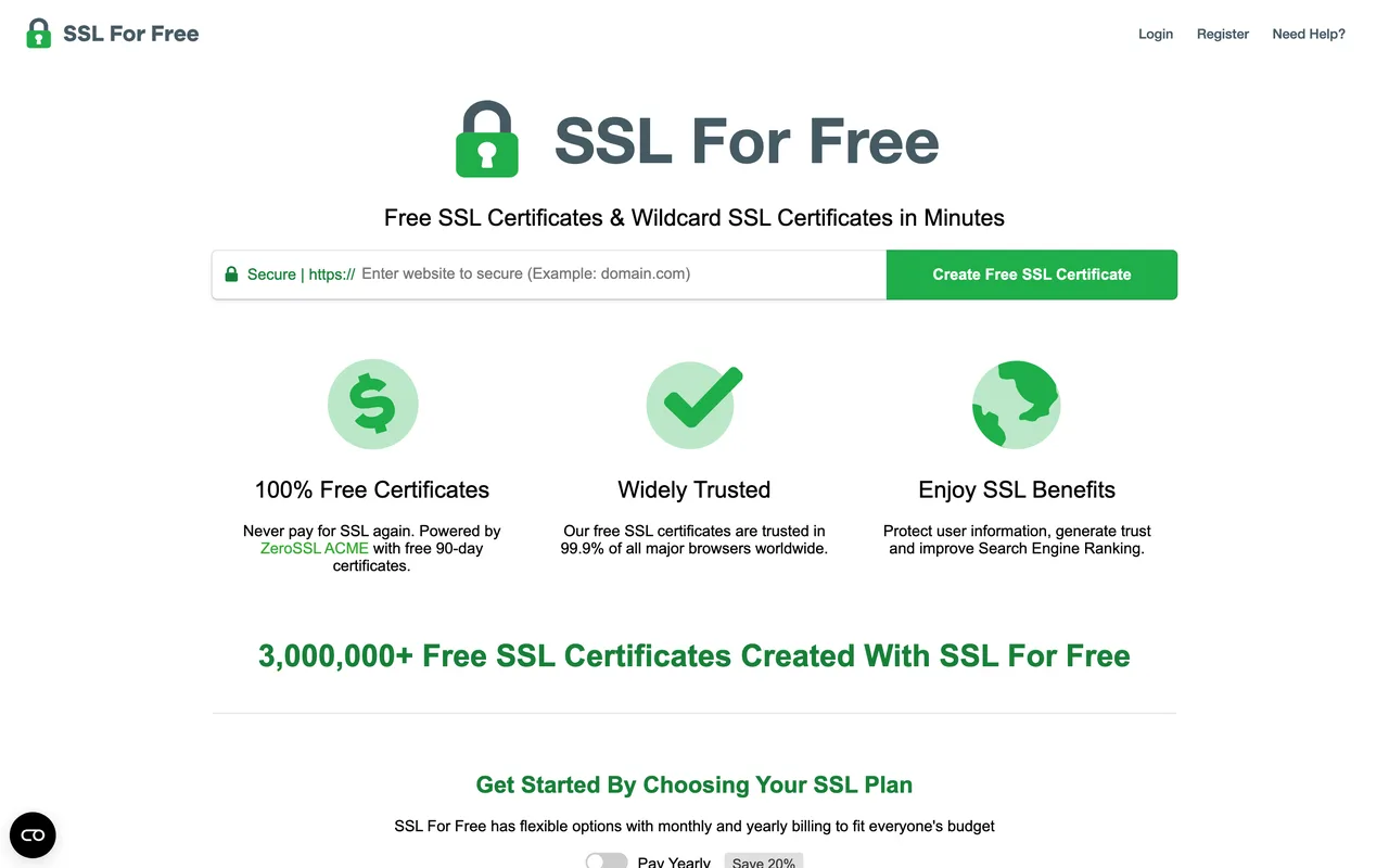 Page d'accueil de SSL For Free, service de certificats gratuits propulsé par ZeroSSL, capture du 19/10/2026