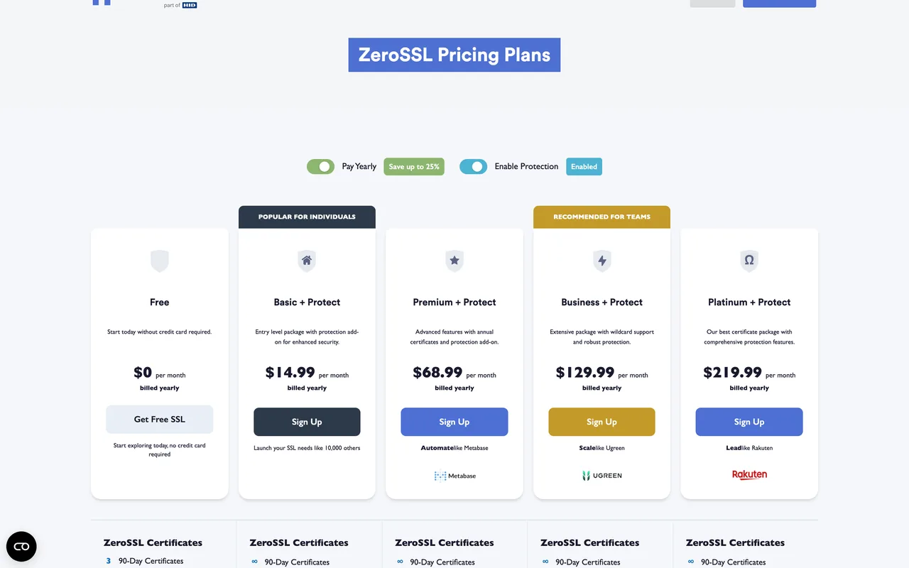 Page des offres ZeroSSL avec l'offre gratuite à 0 dollar et les offres payantes, capture du 19/10/2026