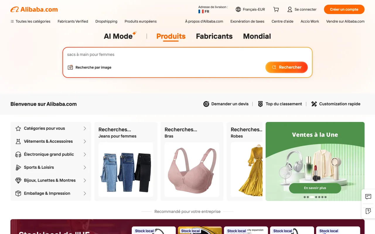 Page d'accueil d'Alibaba.com, plateforme de sourcing auprès de fabricants, capturée le 19 octobre 2026