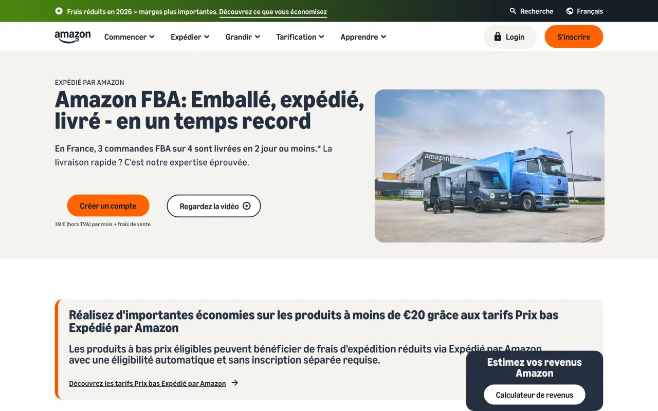 Page de présentation du service Expédié par Amazon (FBA) sur sell.amazon.fr, capturée le 19 octobre 2026