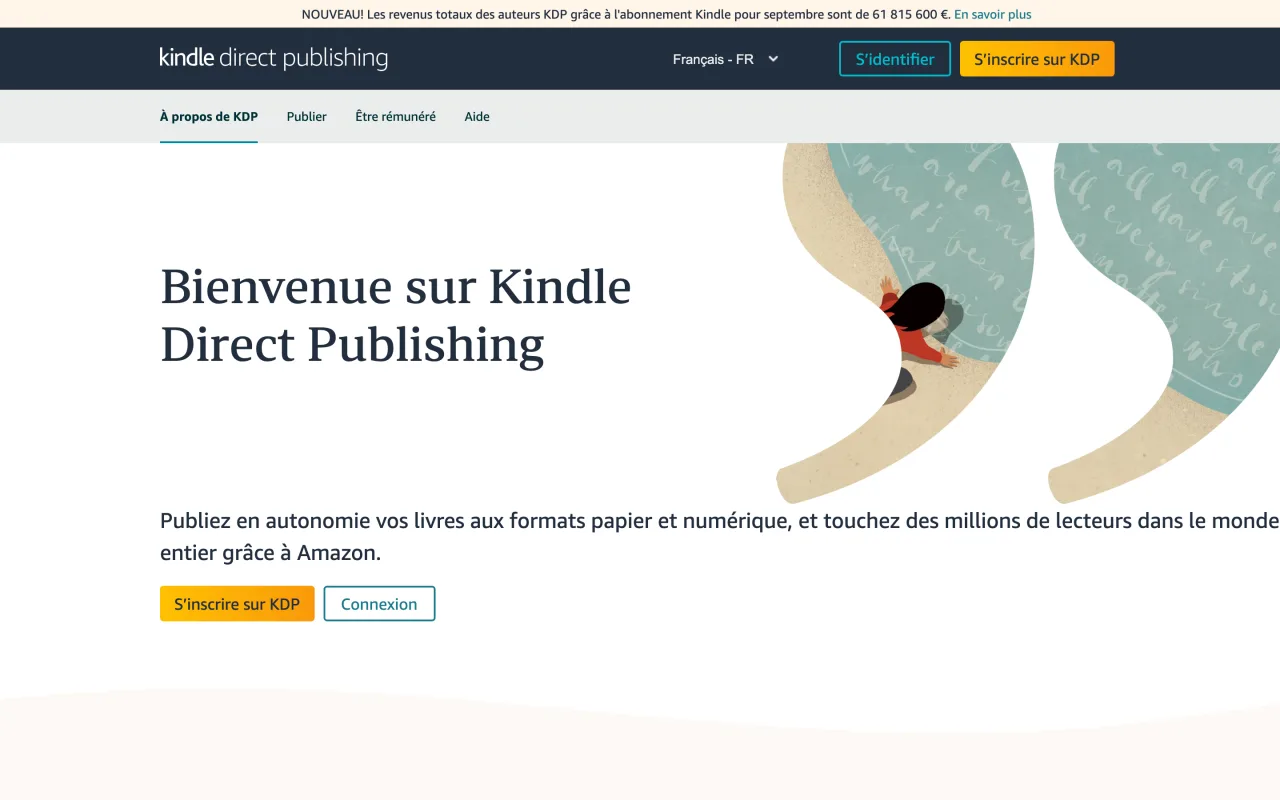 Page d'accueil de Kindle Direct Publishing en français, capturée le 19 octobre 2026