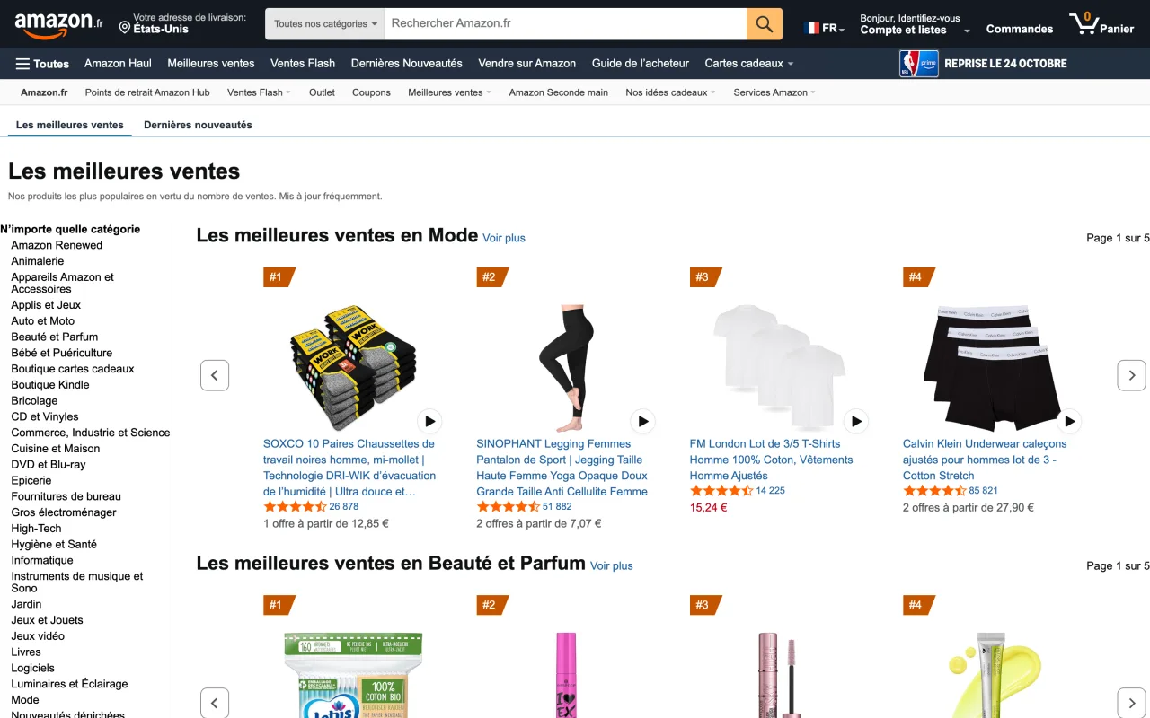 Page Meilleures ventes d'Amazon.fr classée par catégorie, capturée le 19 octobre 2026