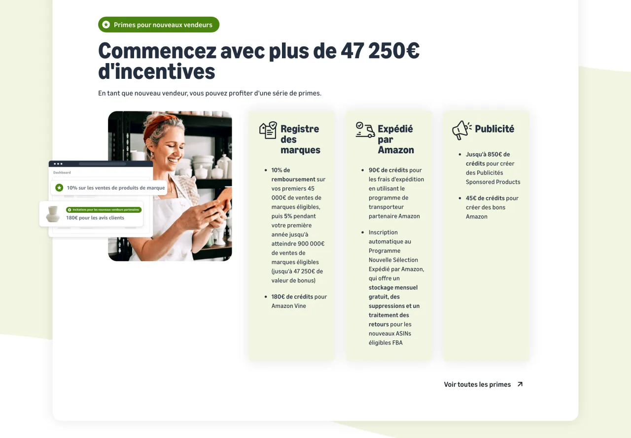 Encart des primes pour nouveaux vendeurs sur sell.amazon.fr : Registre des marques, Expédié par Amazon et crédits publicitaires, capturé le 19 octobre 2026
